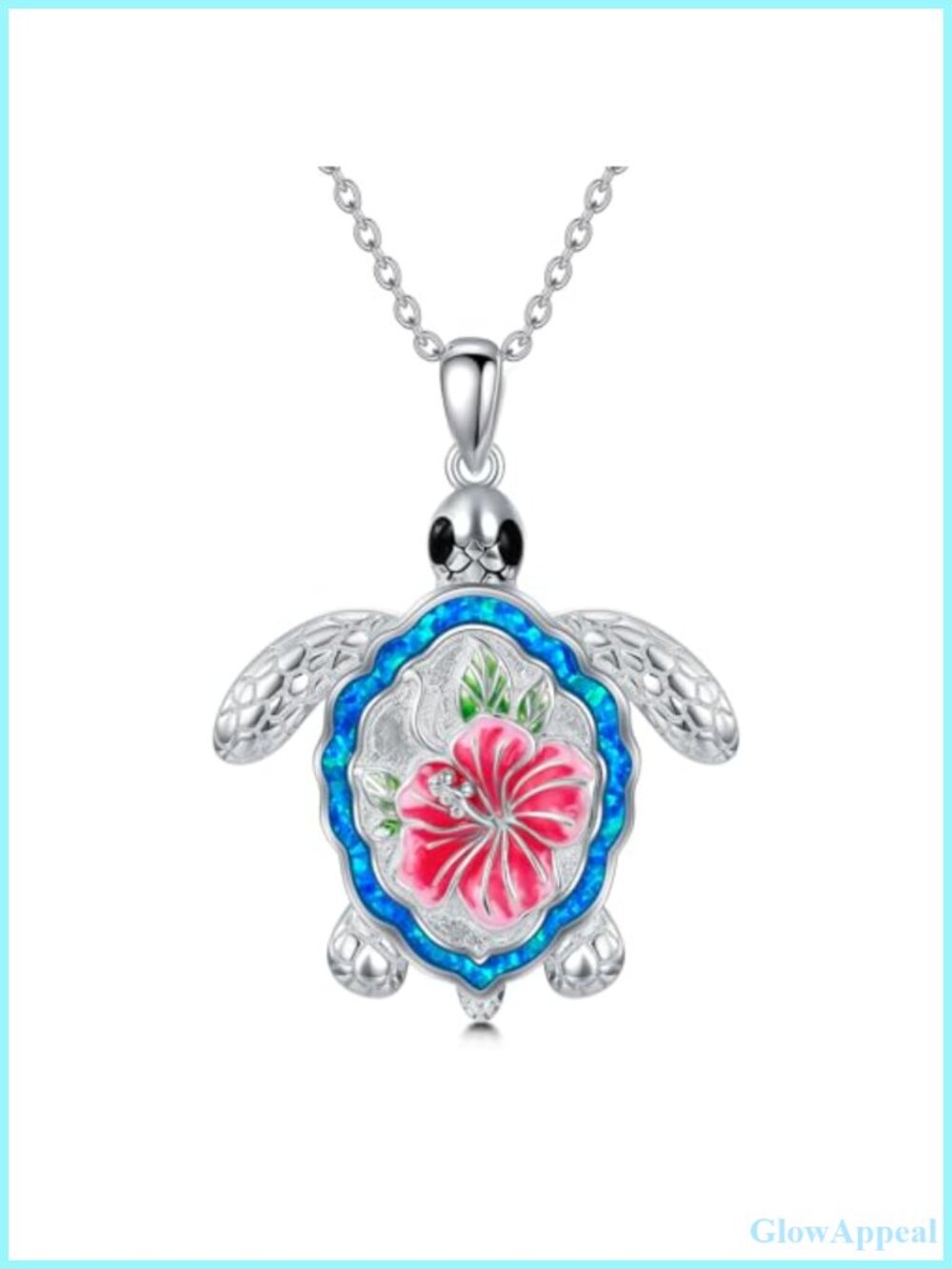 925 Sterling Silver Blue Opal Turtle Pendant Necklace 18+2 Inch